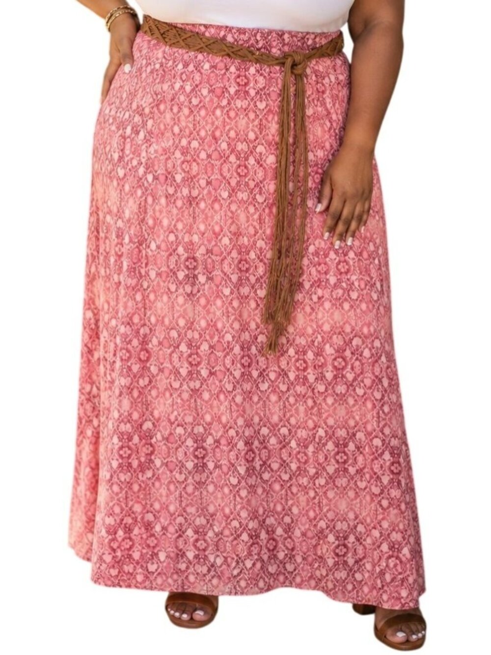 Faded Glory Size XXL Skirt Maxi Boho Braided Belt Vibrant Pink Side slits